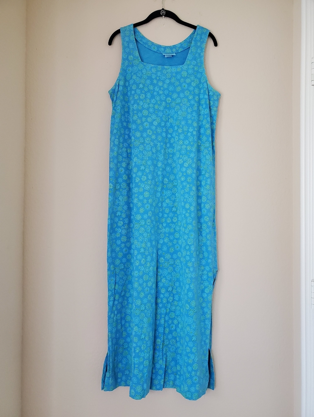 Vtg Fresh Produce Tank Maxi Dress L Blue Cotton Floral Square Neck Coastal USA